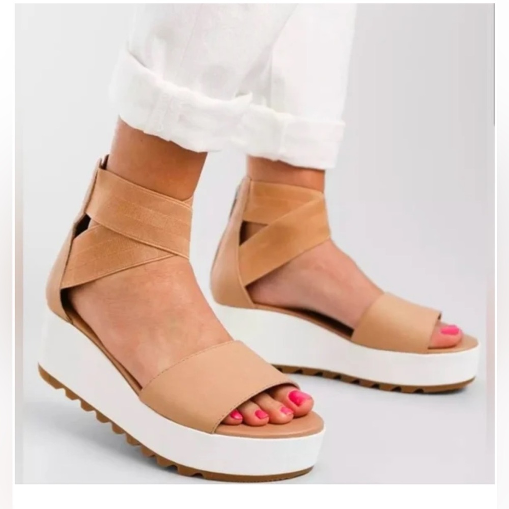 Sorel Women’s Cameron Tan Leather Platform Ankle Strap Wedge Zip Sandal Size 7